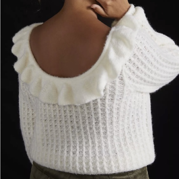 🤍Anthro Wool Blend Waffle Knit Boatneck Ruffle Sweater 🤍 - Picture 5 of 10